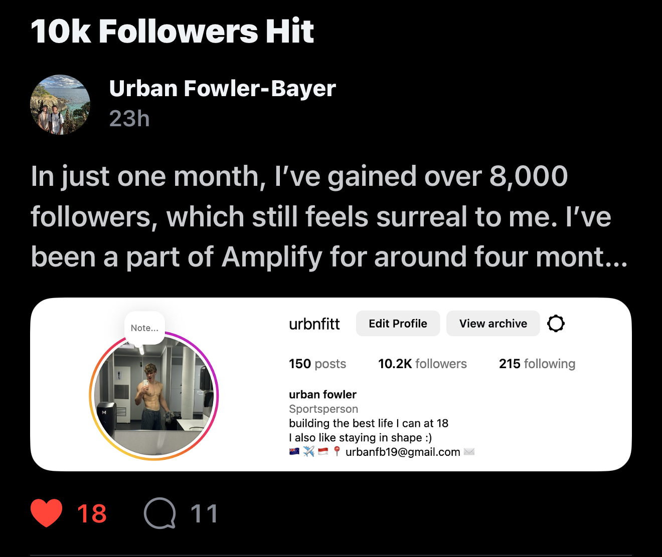 Urban Fowler-Bayer — 10.2K followers after gaining 8,000 in one month