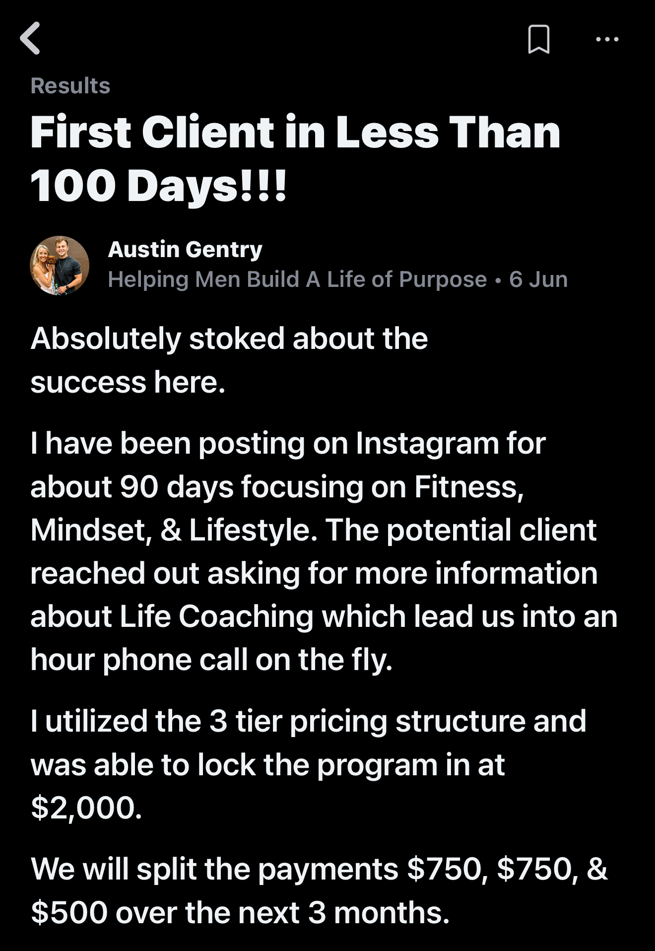 Austin Gentry — first client at $2,000 in less than 100 days