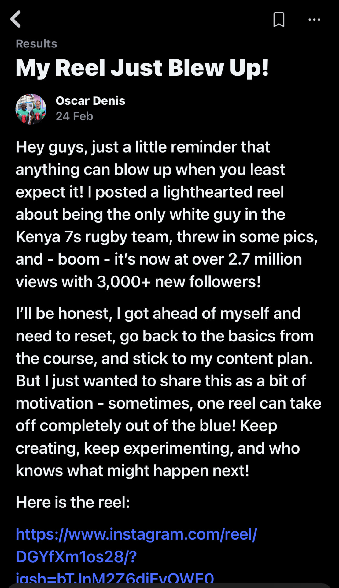 Oscar Denis — reel at 2.7 million views and 3,000+ new followers