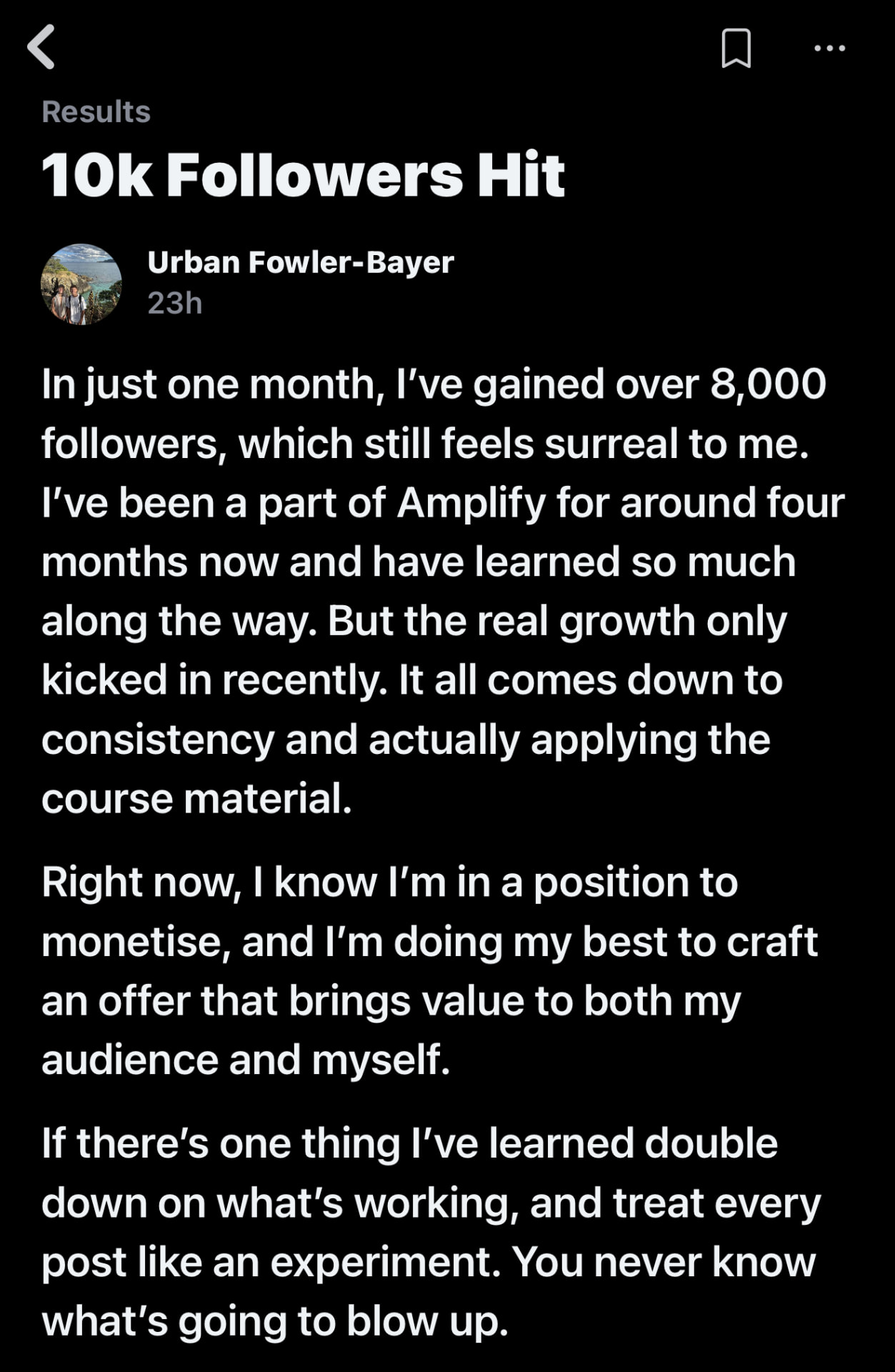 Urban Fowler-Bayer — 10K followers hit, 8,000 gained in one month