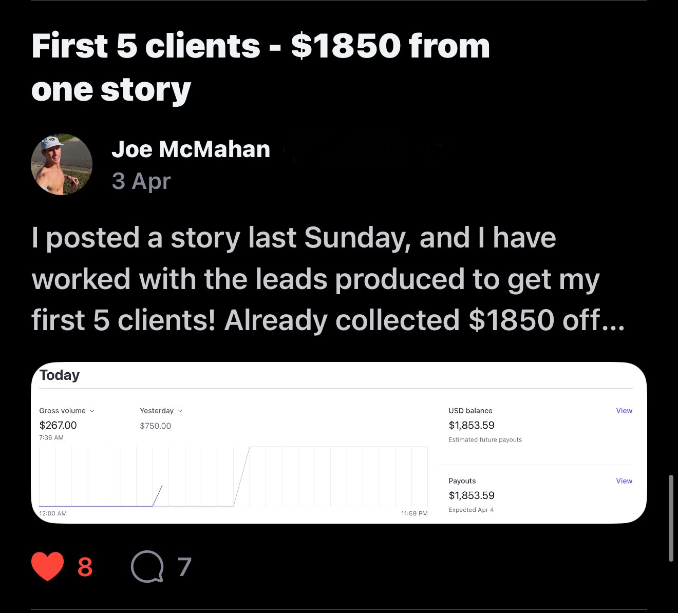 Joe McMahan — first 5 clients and $1,850 collected from one story