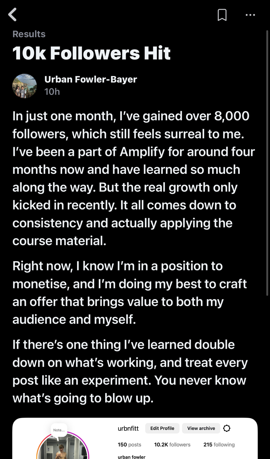 Urban Fowler-Bayer — 10K followers, 8,000 gained in one month