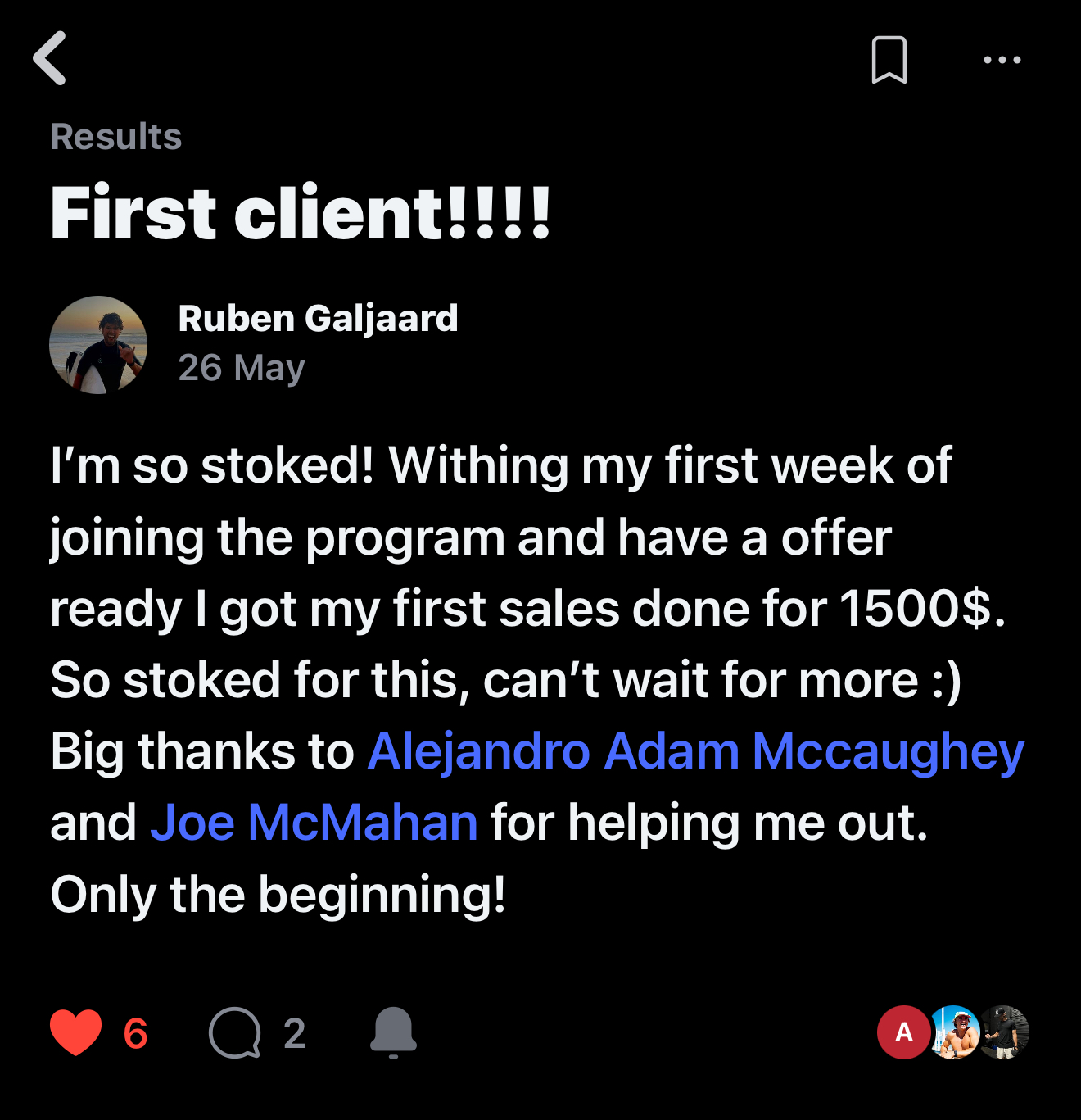 Ruben Galjaard — first client at $1,500 within a week of joining