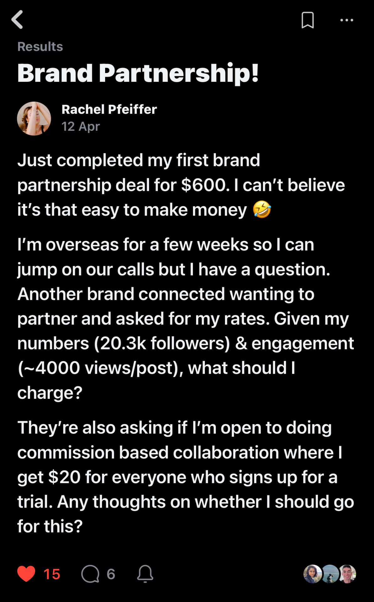 Rachel Pfeiffer — first $600 brand partnership