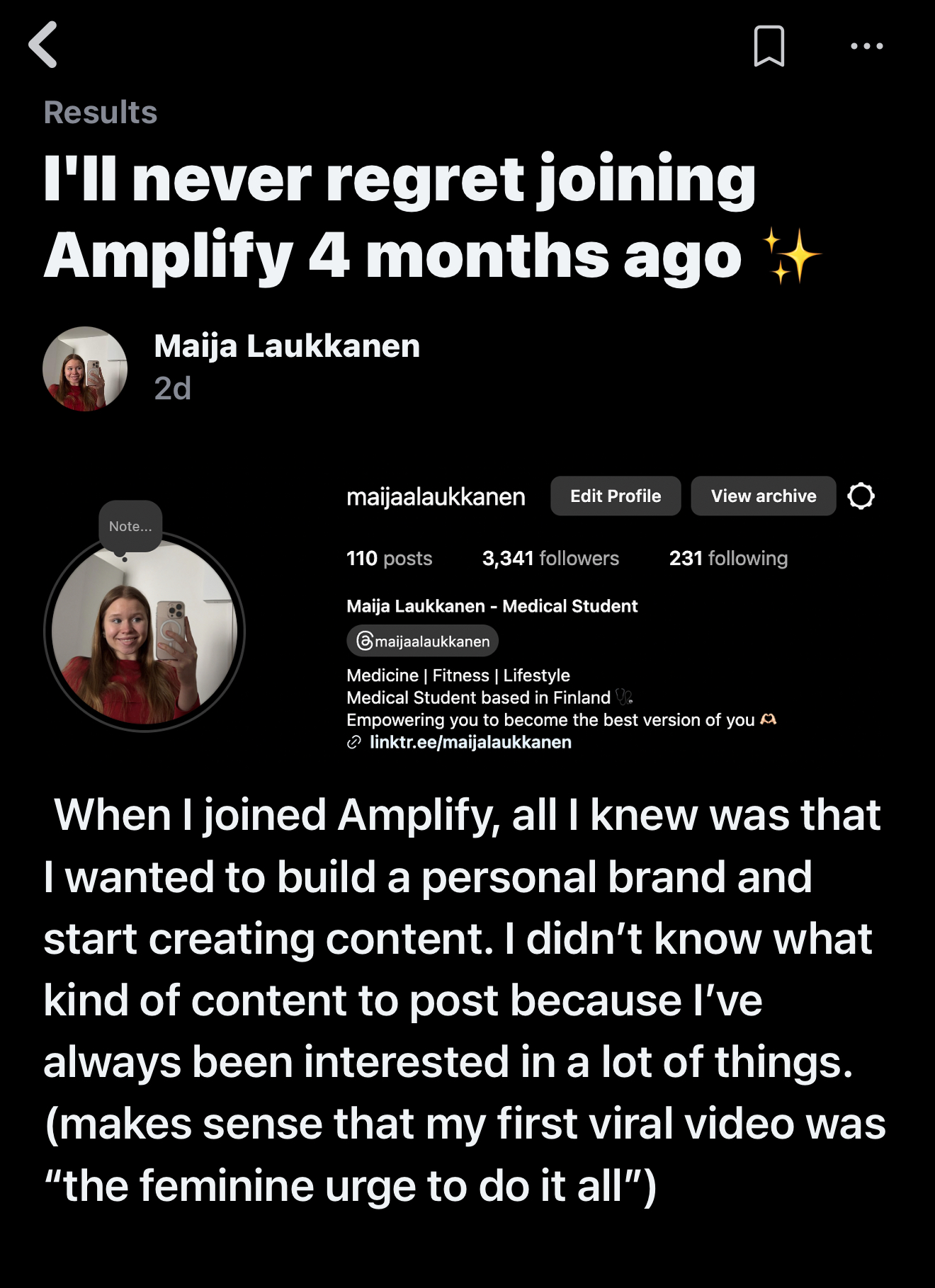 Maija Laukkanen — 3,341 followers four months after joining Amplify