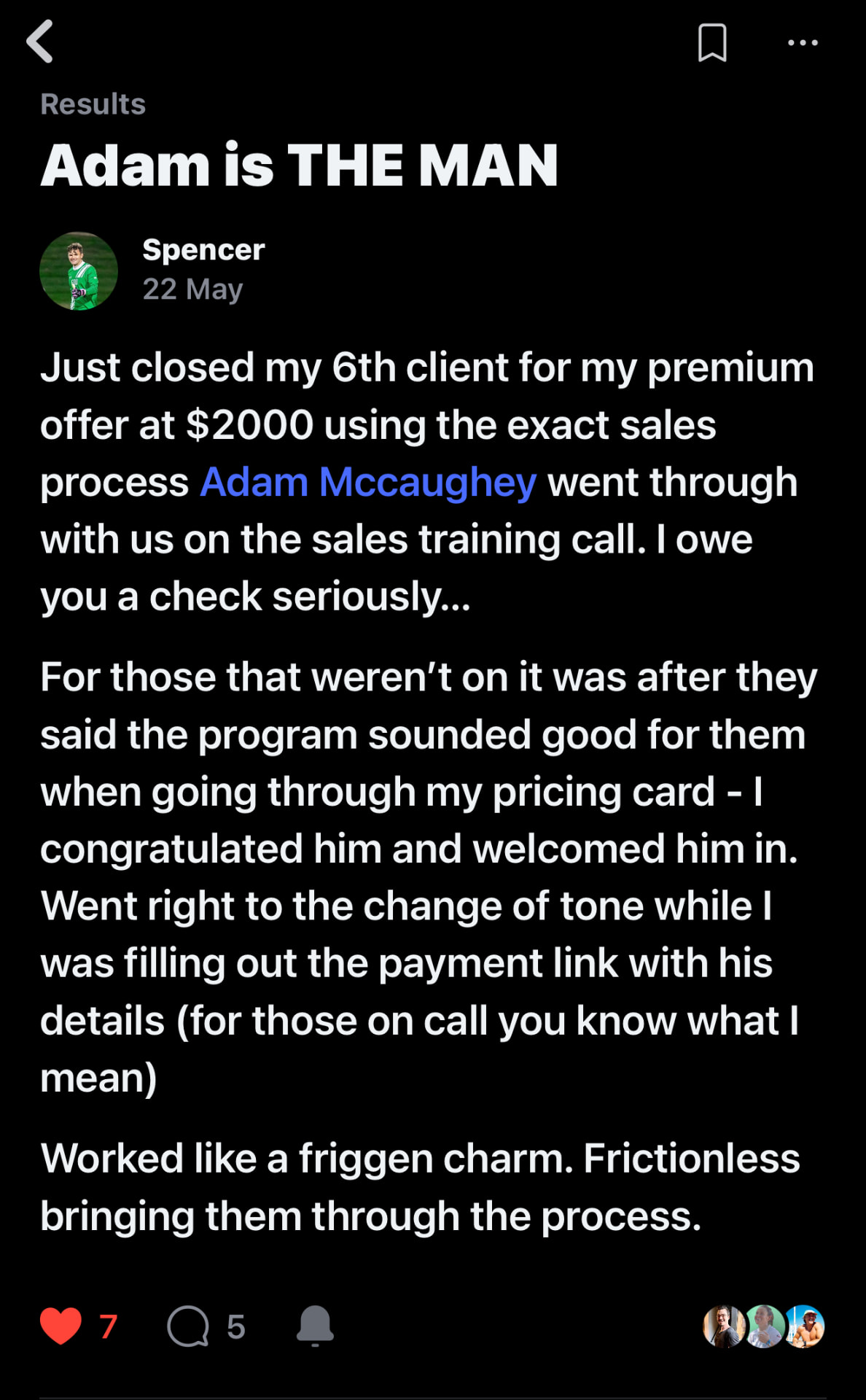 Spencer — closed 6th client at $2,000 using the sales process