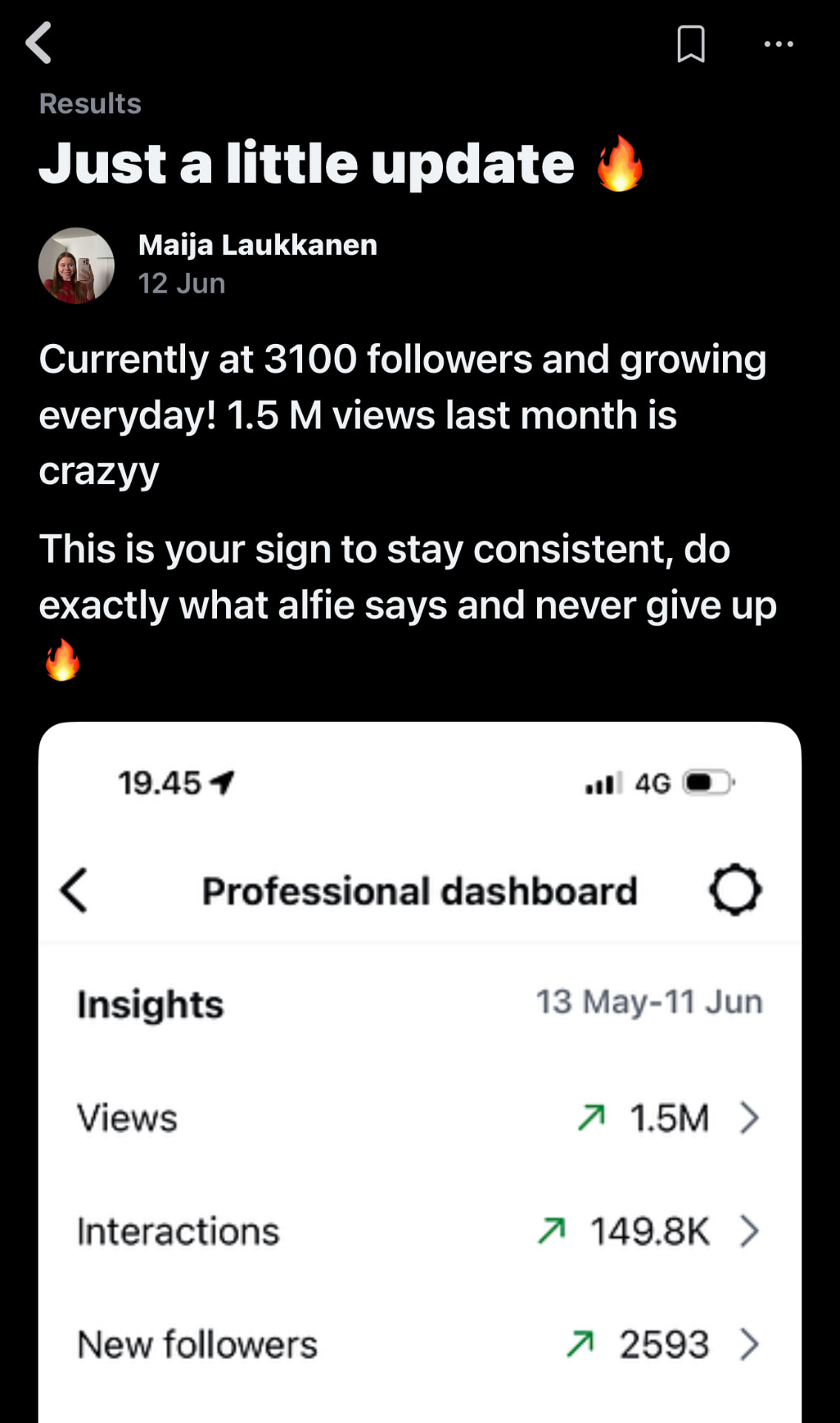 Maija Laukkanen — 3,100 followers and 1.5M views last month