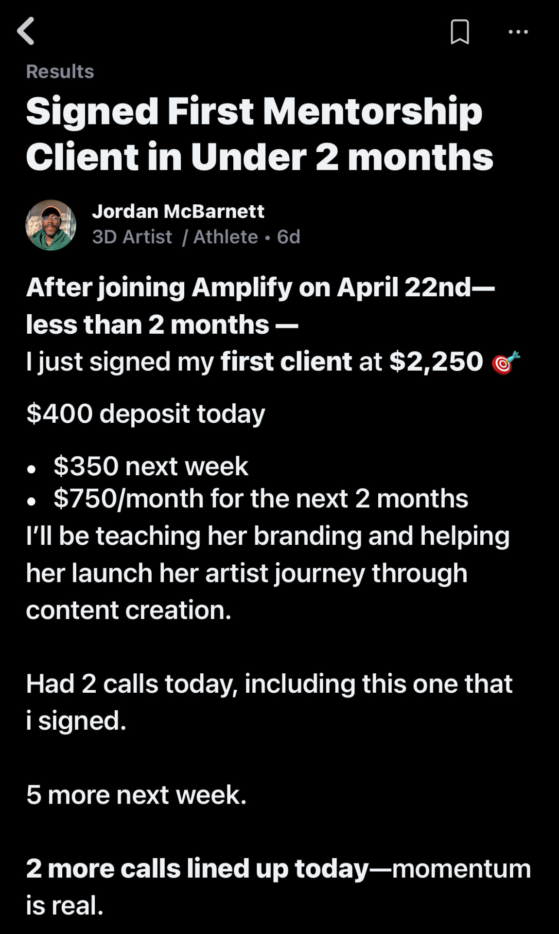 Jordan McBarnett — signed first mentorship client at $2,250 in under 2 months