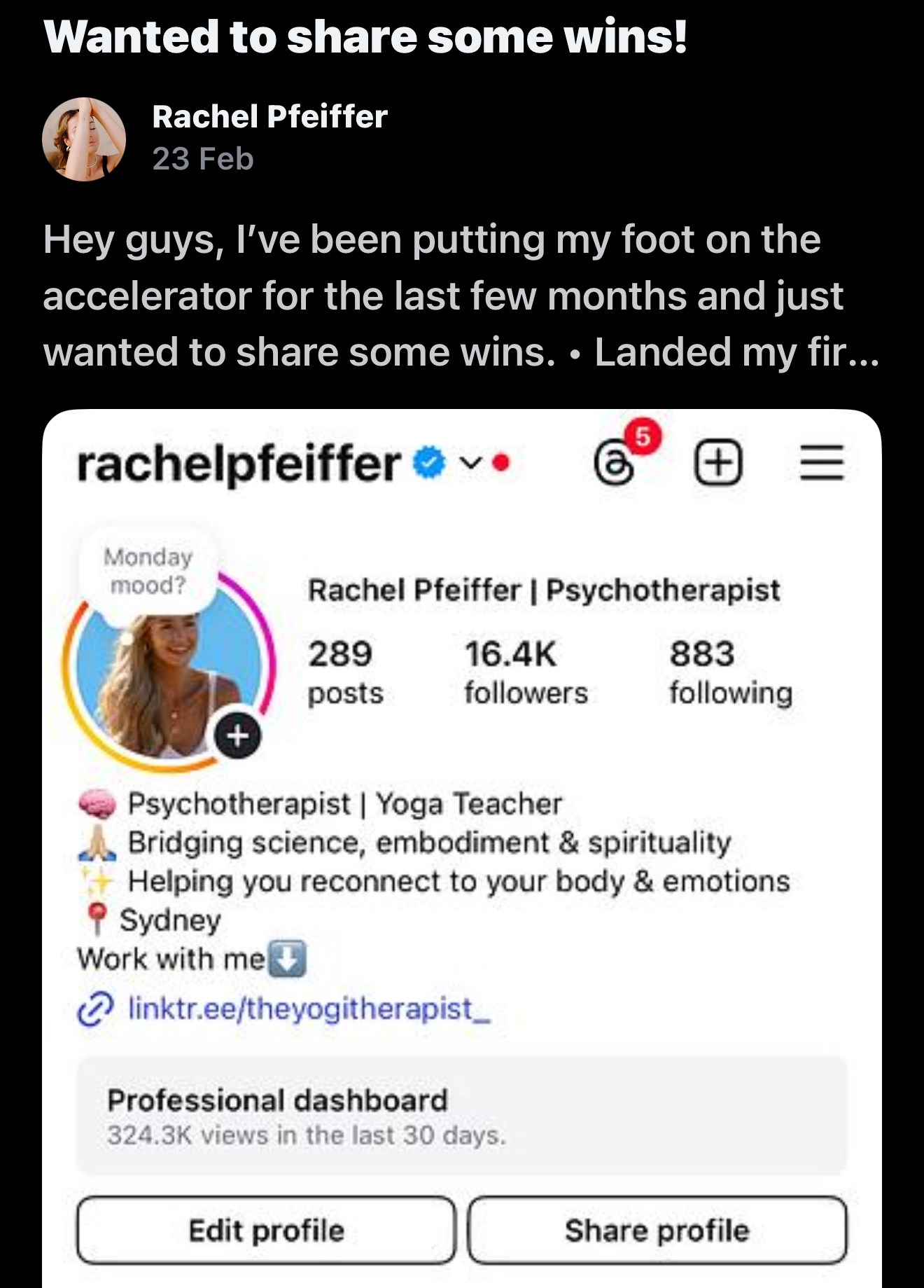 Rachel Pfeiffer — 16.4K followers and 324.3K views in 30 days