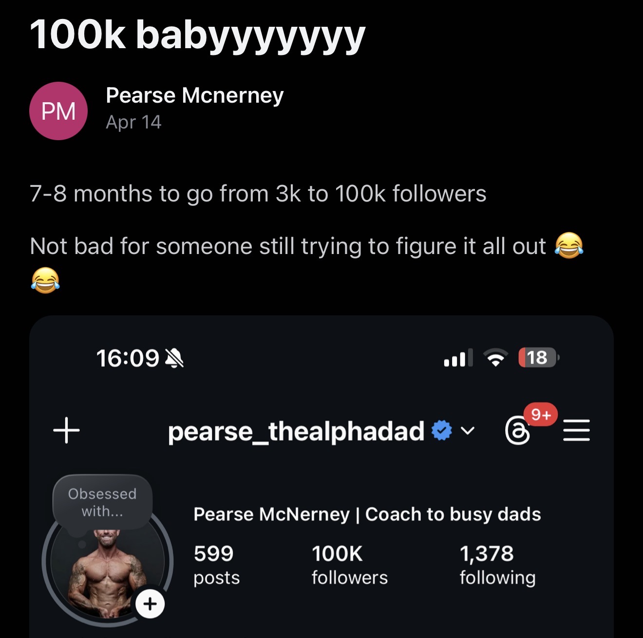[SCREENSHOT 16] Pearse McNerney — 3k to 100k followers in 7-8 months