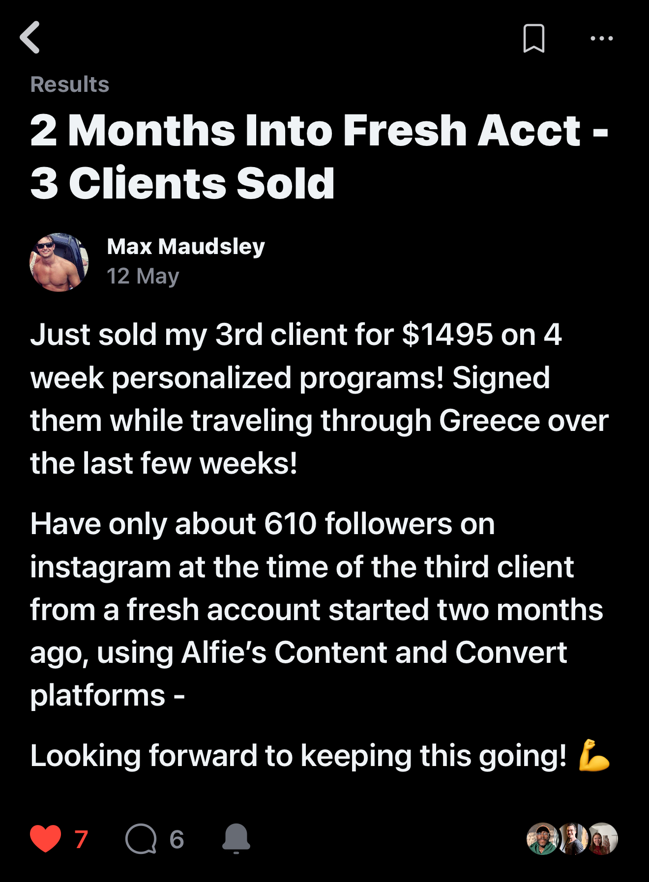 Max Maudsley — 3 clients sold, third at $1,495 with only 610 followers
