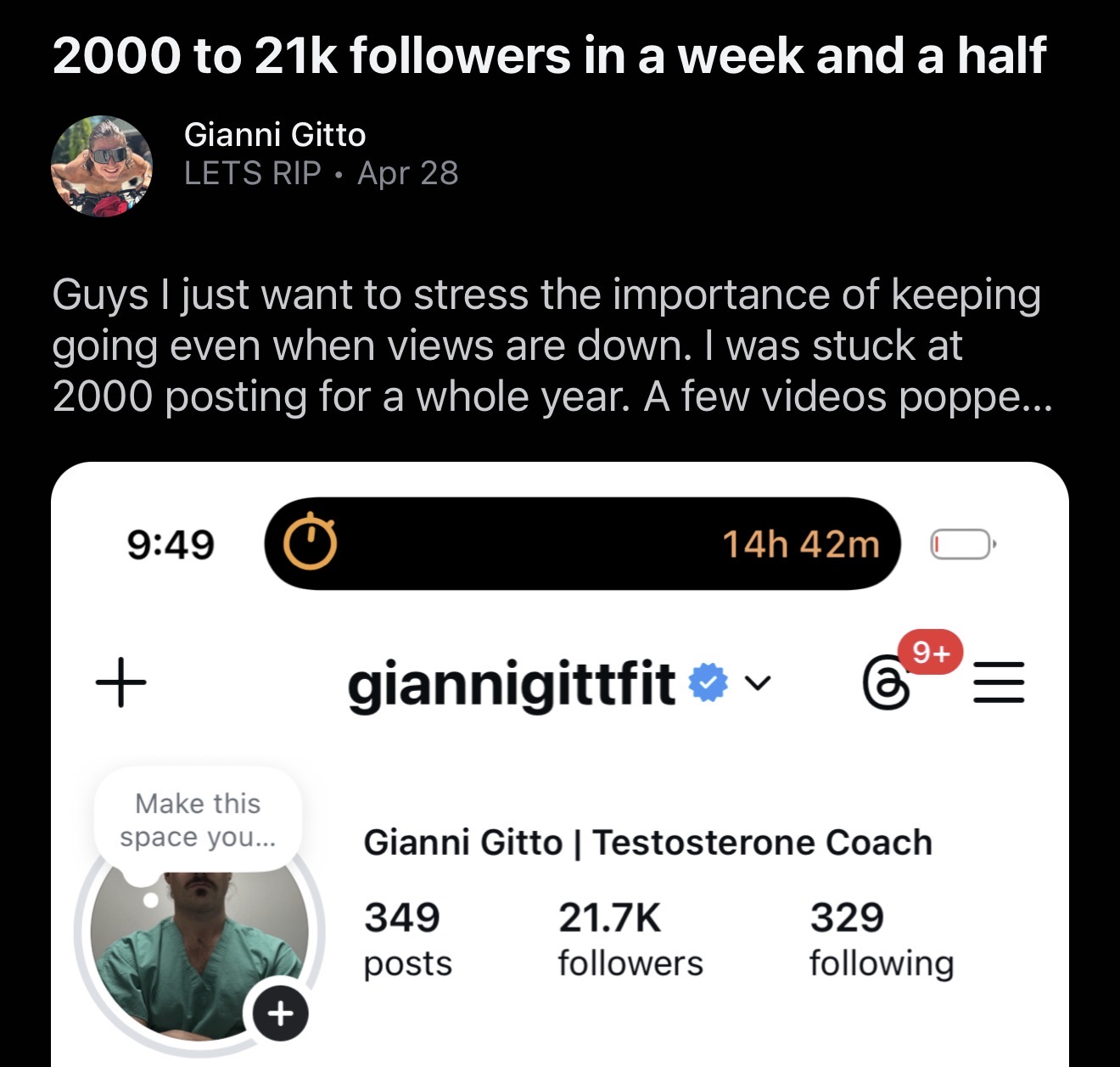 [SCREENSHOT 17] Gianni Gitto — 2000 to 21k followers in a week and a half