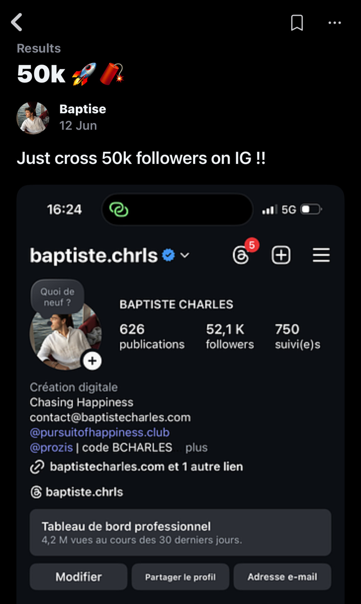 Baptiste Charles — crossed 50K followers on Instagram, 4.2M views in 30 days