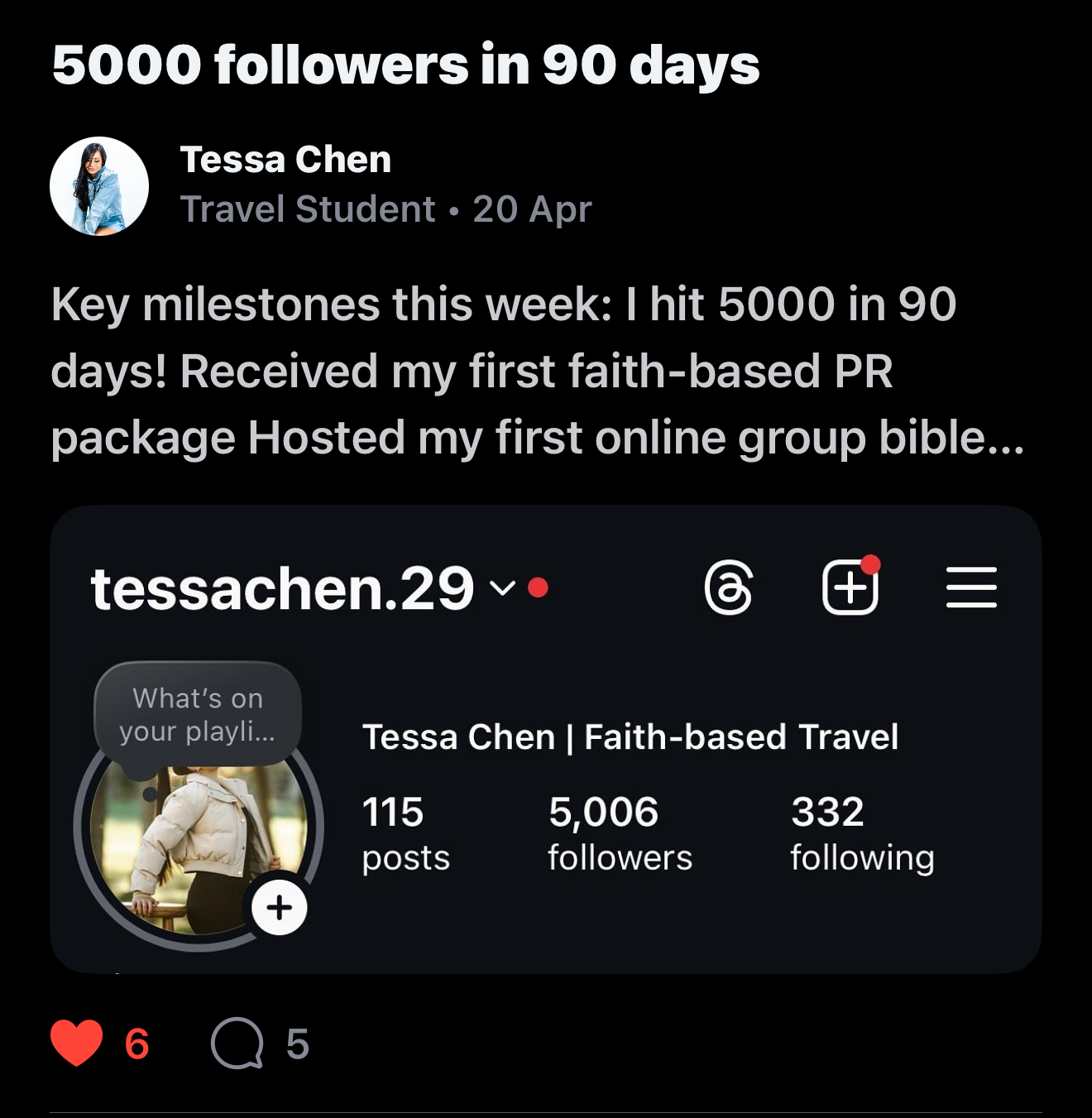 Tessa Chen — 5,006 followers in 90 days plus first PR package