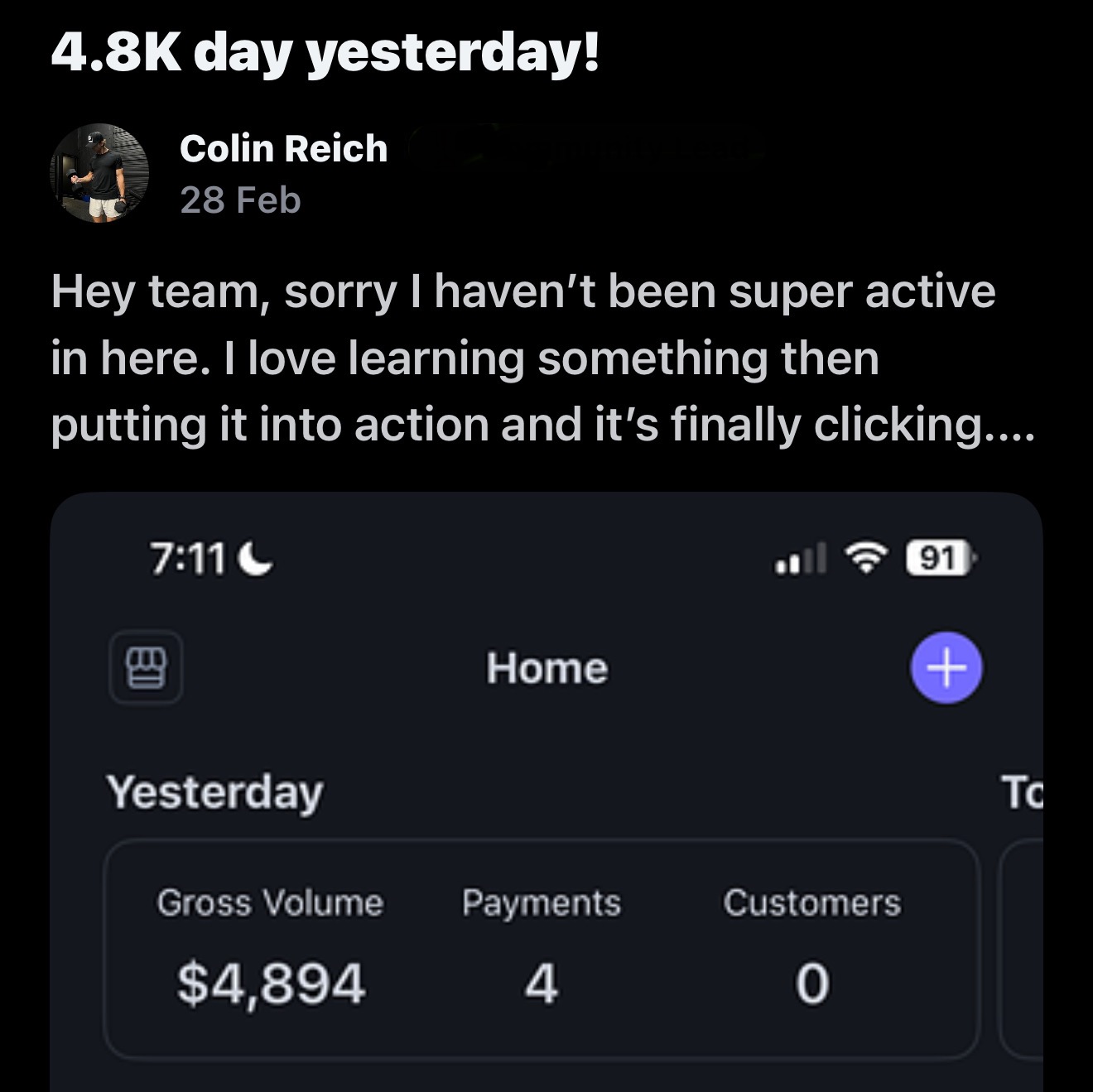 Colin Reich — $4,894 gross volume in a single day