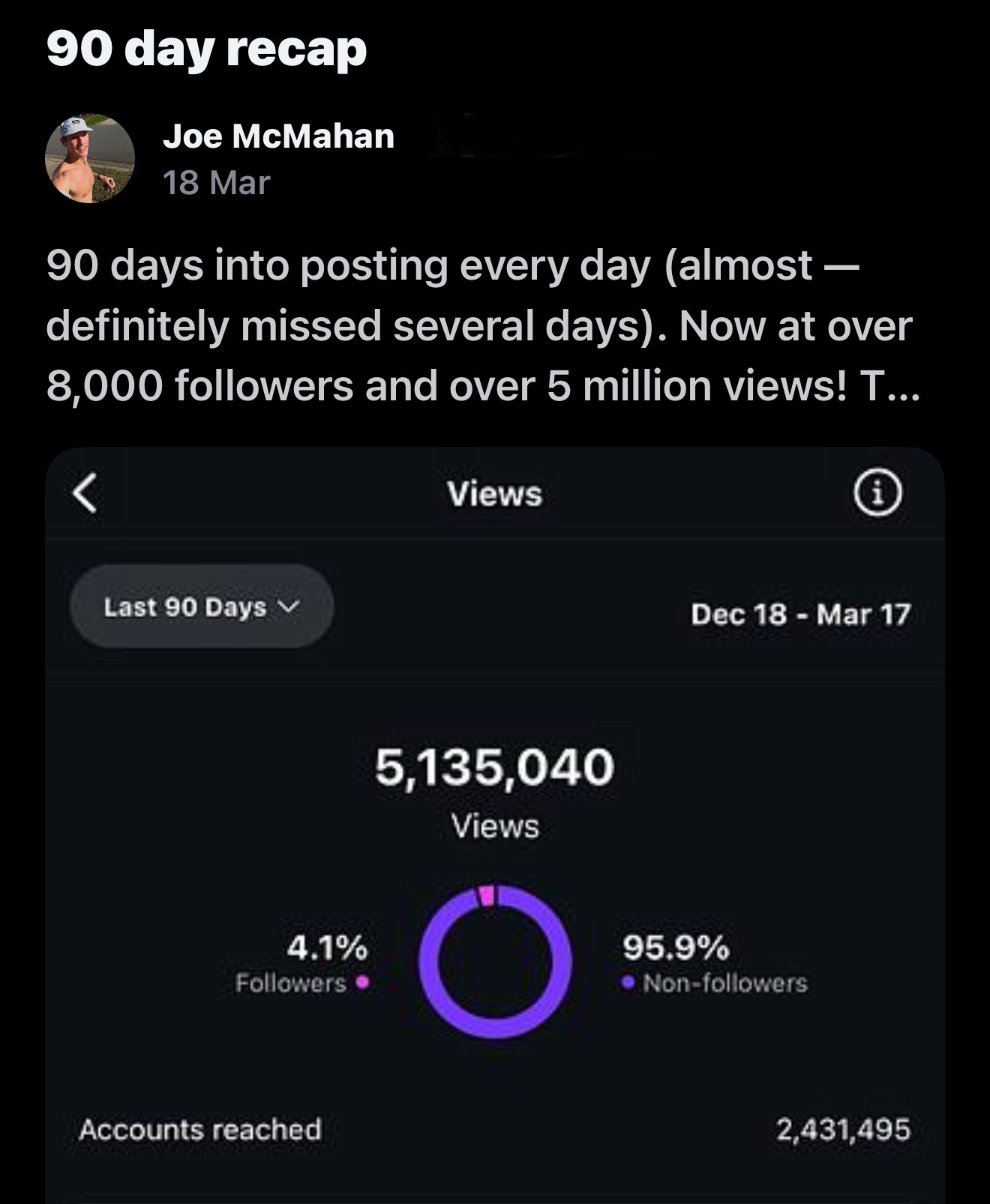 Joe McMahan — 90 day recap, 5,135,040 views