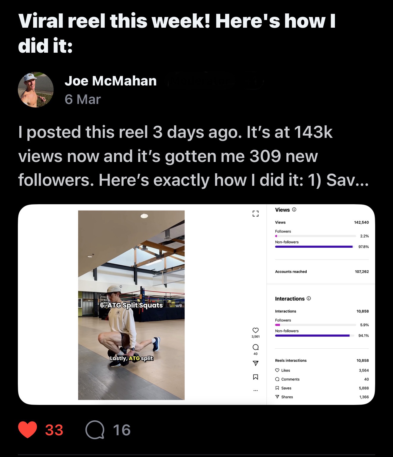 Joe McMahan — viral reel at 143K views and 309 new followers